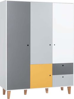 Bílo-šedá třídveřová šatní skříň se žlutým detailem Vox Concept